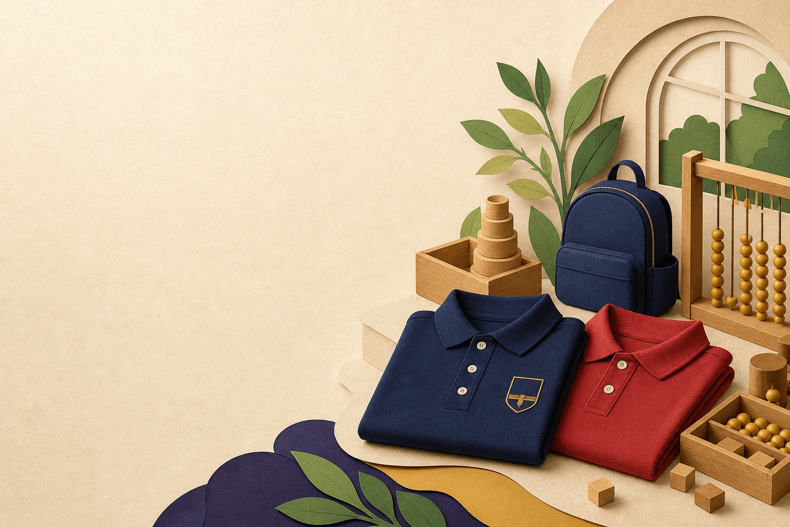 Folded Pinnacle school polos, a backpack, and Montessori learning materials